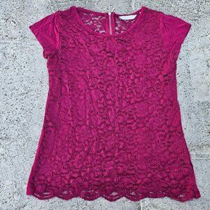 New York & Company Women Top Fuchsia Lace Blouse Size